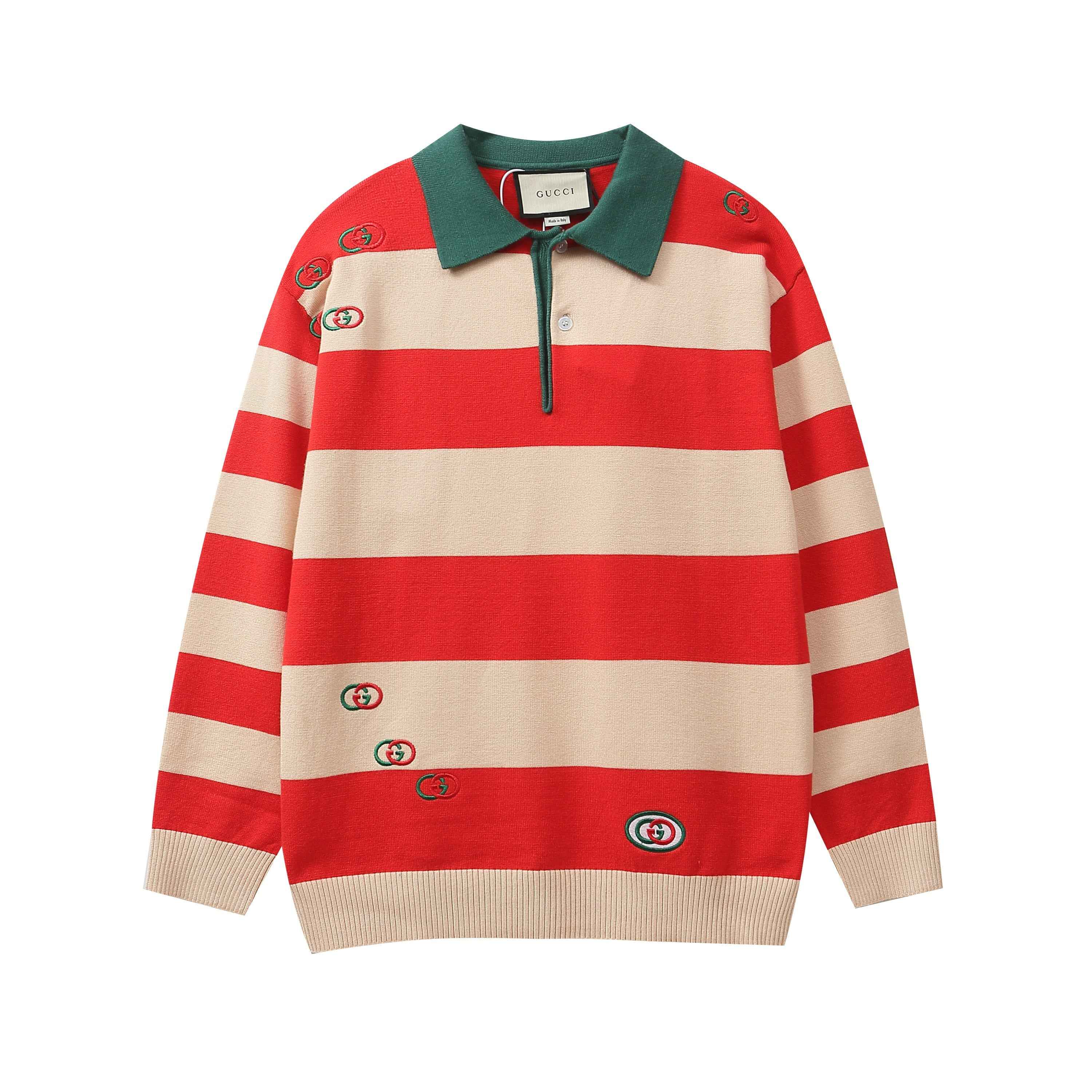 GUCCI Long sleeve polo shirt Interlocking G Knit Cream Red Green