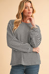 Black Striped Round Neck Drop Shoulder Long Sleeve Top