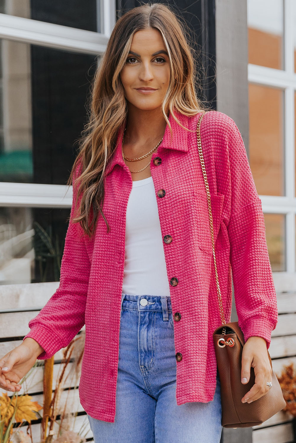 Hot Pink Pocket Buttons Front Waffle Knit Shacket