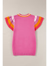 Bright Pink Contrast Sleeve Striped Round Neck Knitted Tee