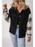 Black Patchwork Plaid Sleeve Frayed Hem Hooded Denim Jacket