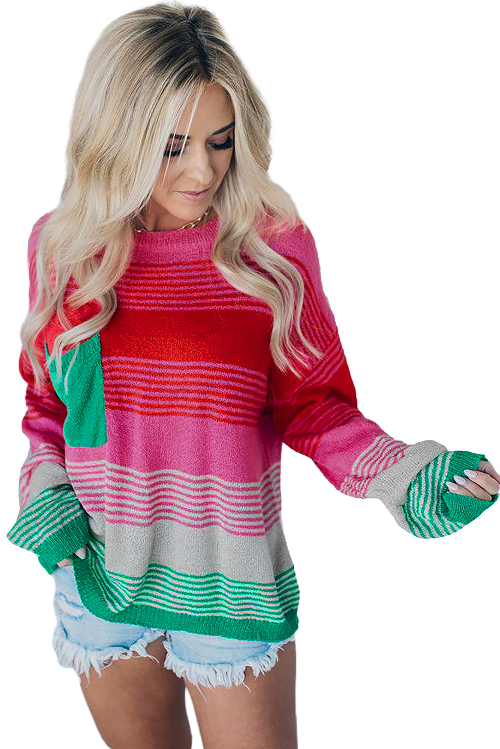 Rose Striped Patch Pocket Drop Shoulder Knit Sweater