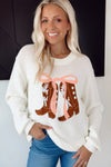 White Embroidered Bow Boots Graphic Drop Shoulder Sweater