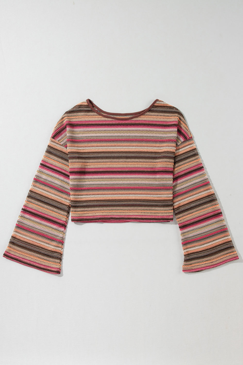 Rose Red Ethnic Striped Cropped Long Sleeve Top