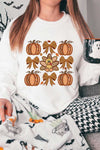 White Cute Turkey Fall Pumpkin Bow Heat Transfer Printing Drop Shoulder Sweatshirt