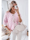 Light Pink Checkered Knitted Lace-up Ruffled 3/4 Sleeve Cardigan