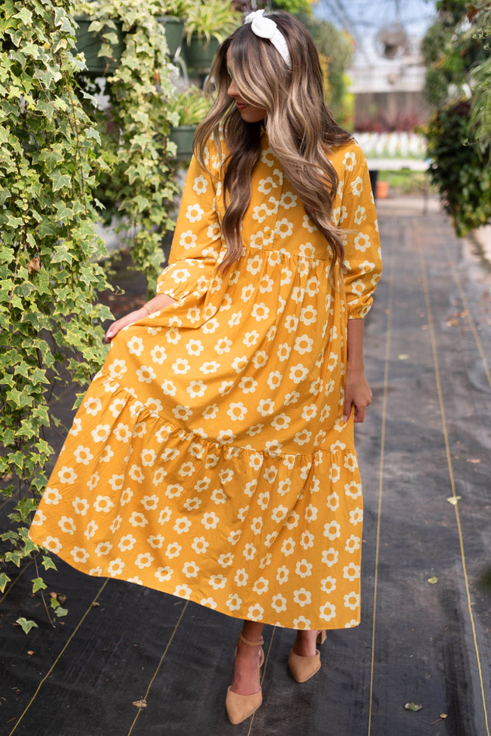 Yellow Flower Print Bracelet Sleeve Buttons Collared Maxi Dress