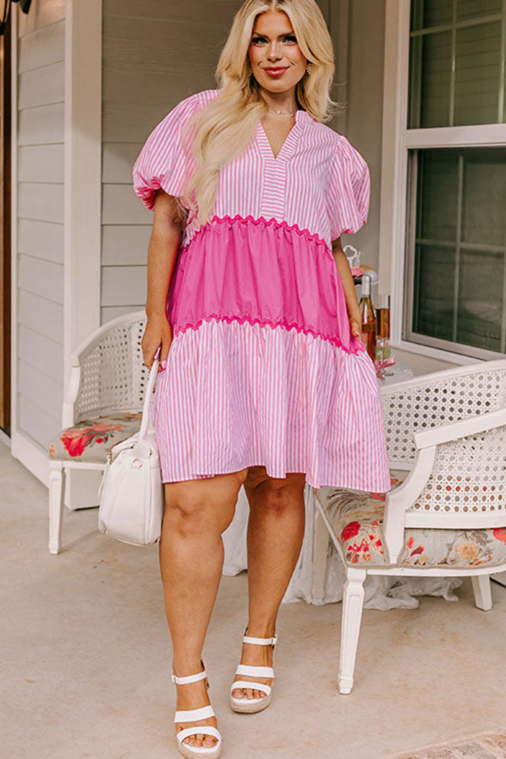 Pink Ric Rac Puff Short Sleeve Striped Flowy Plus Dress