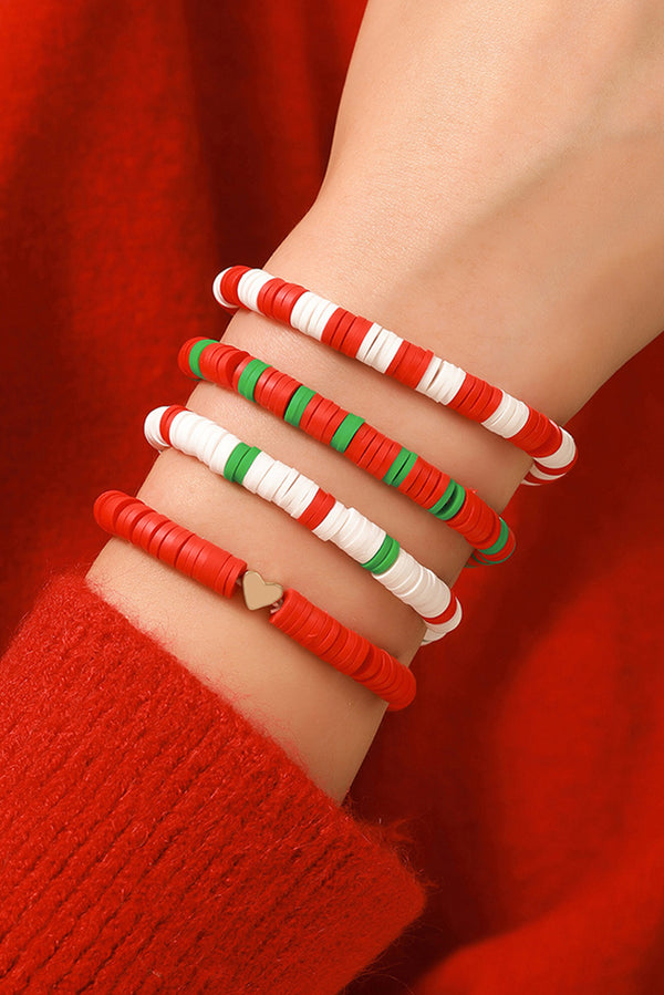 Fiery Red 4pcs Christmas Heart Beaded Bracelet Set