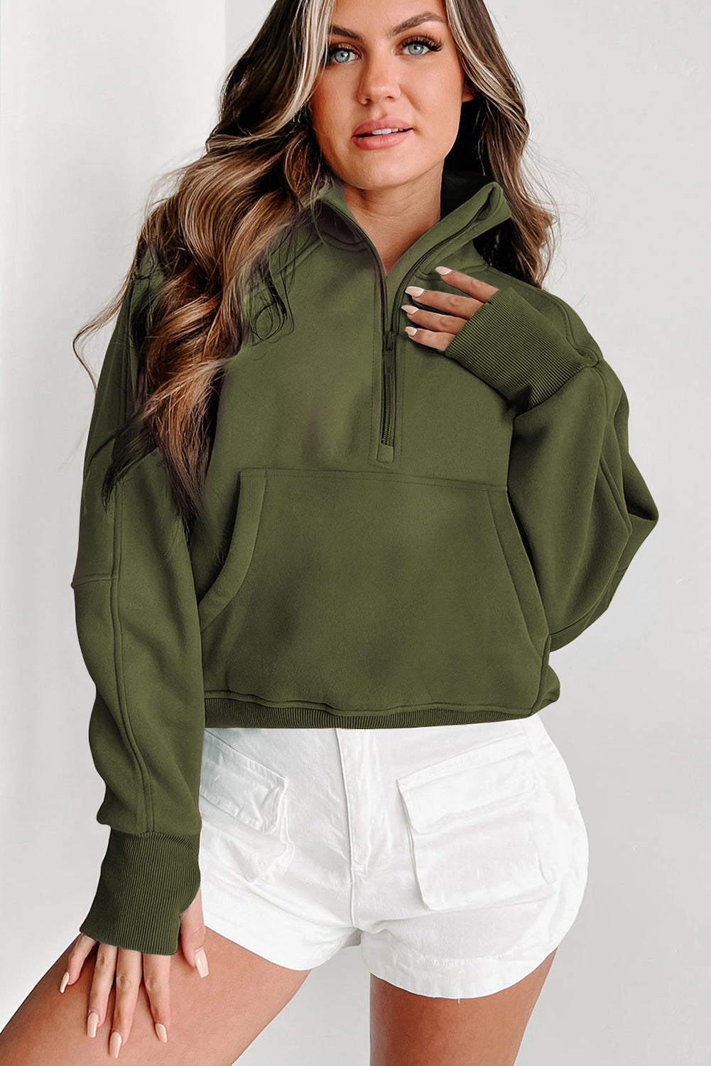 Parchment Quarter Zip Stand Neck Kangaroo Pocket Sweatshirt