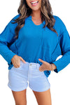 Blue V-Neck Pocketed Ribbed Dolman Top