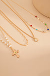 Gold 4pcs Cross Pendant Rhinestone Pearl Chain Necklace Set