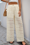 Beige Casual Elastic High Waist See Through Wide Leg Pants