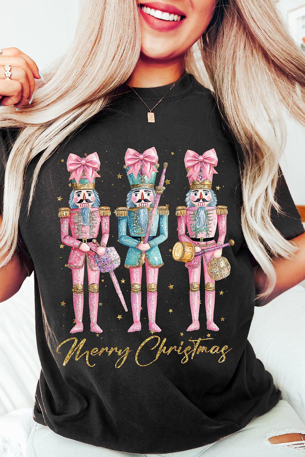 Black Nutcracker Merry Christmas Print Crewneck T Shirt