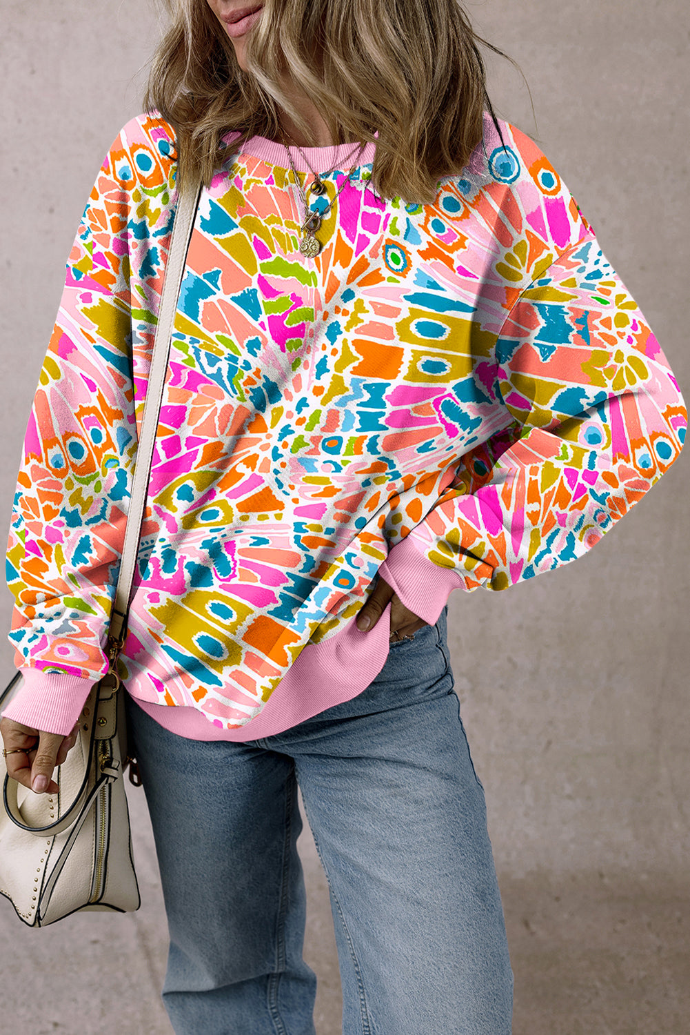 Pink Abstract Print Drop Shoulder Sweatshirt