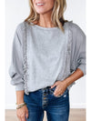 Light Grey Waffle Patchwork Long Sleeve Pullover Top