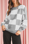 Pink Checked Bishop Sleeve Pullover Sweater