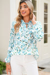 Sky Blue Boho Floral Print Long Sleeve V Neck Blouse