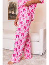 Pink Bow Knot Print Lapel Collar Short Sleeve and Pants Pajamas Set