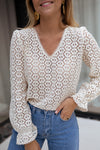 Beige Flower Lace V Neck Puff Sleeve Top