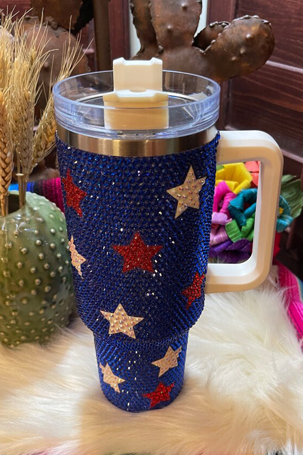 Dark Blue Star Rhinestone Handle Large Vacuum Cup 40oz