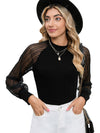 Black Basic Crew Neck Dressy Striped Mesh Long Sleeve Top