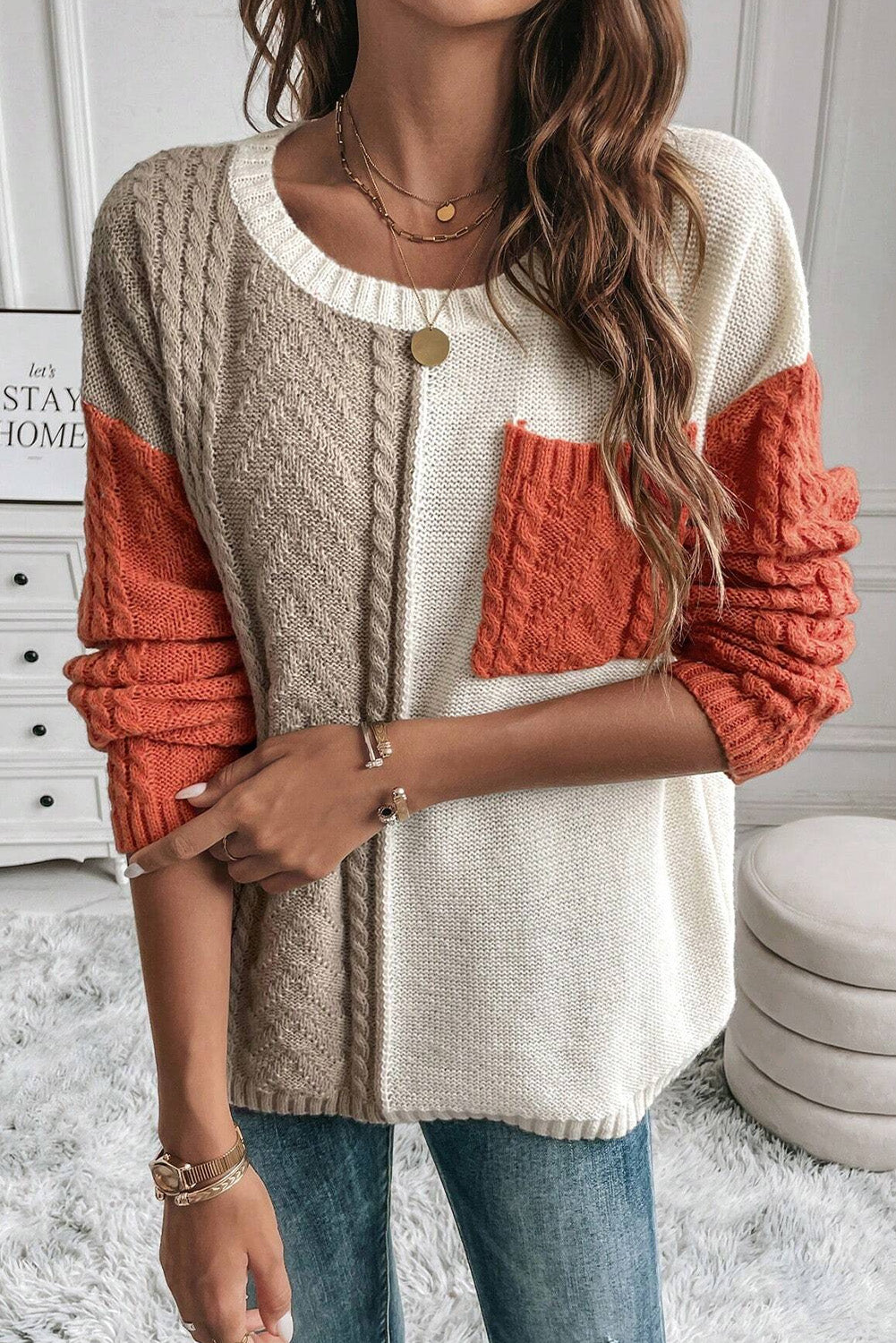 Rose Tan Colorblock Pocket Drop Shoulder Sweater