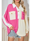 Rose Red Colorblock Patchwork Ribbed Oversized Henley Sweatshirt