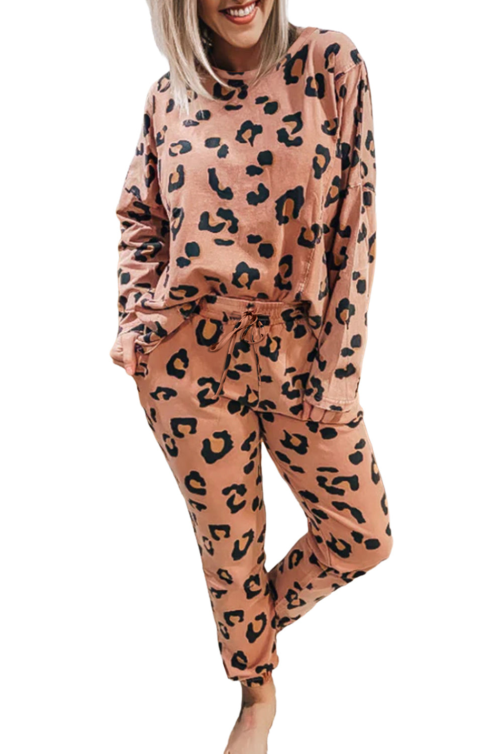 Apricot Pink Leopard Print Long Sleeve Top and Drawstring Pants Set