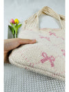 Beige Sweet Bowknot Print Textured Knitting Strap Shoulder Bag