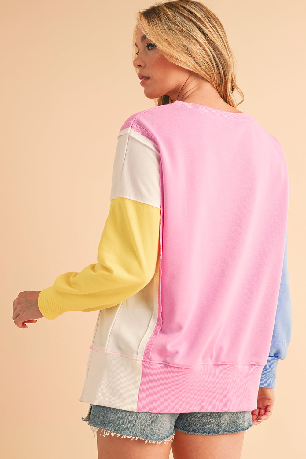 Bonbon Color Block Exposed Seam Patchwork Side Slits Sweatshirt