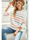 Black Colorful Striped Ribbed Trim Round Neck Sweater