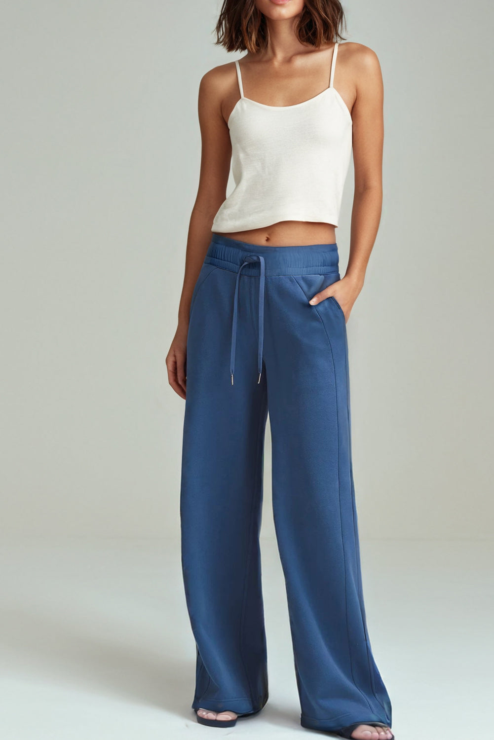 Sail Blue Drawstring High Waist Wide Leg Pocketed Pants