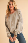 Parchment Crochet Patchwork Exposed Seam Ribbed Trim Sweatshirt