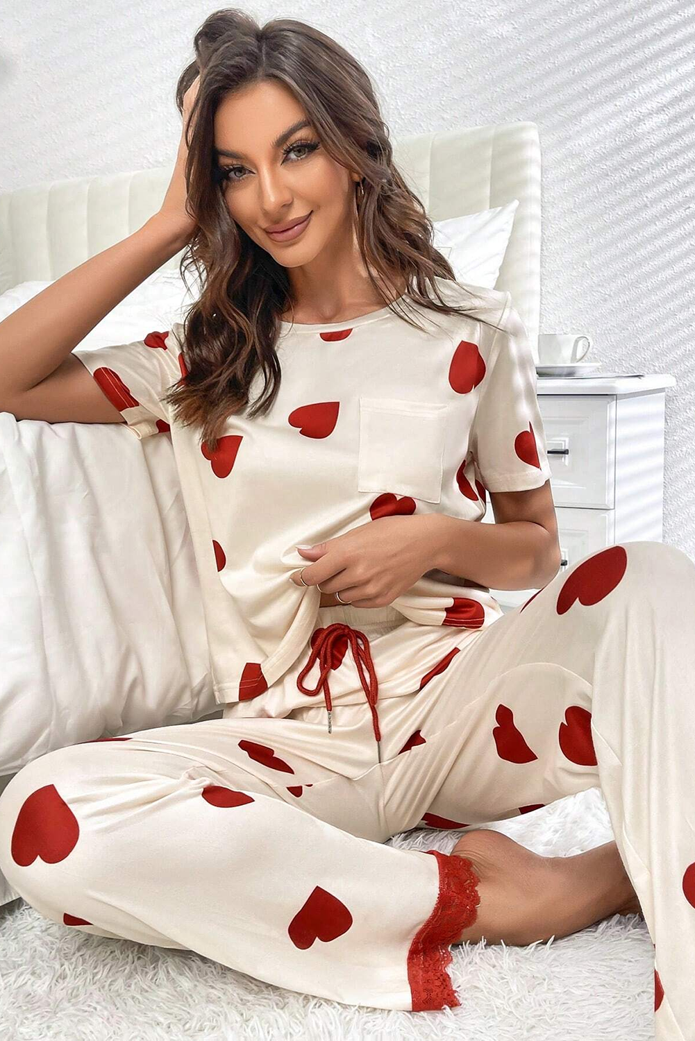 White Heart Print Tee and Lace Hem Pants Pajama Set