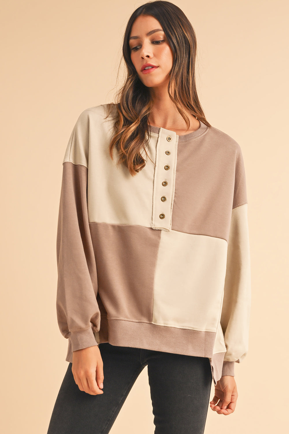 Parchment Colorblock Henley High Low Loose Sweatshirt