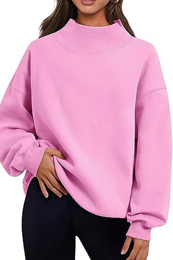Bonbon Solid Half High Neck Long Sleeve Loose Hoodie