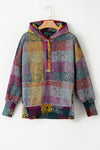 Multicolor Brushed Check Kangaroo Pocket Thumbholes Henley Hoodie