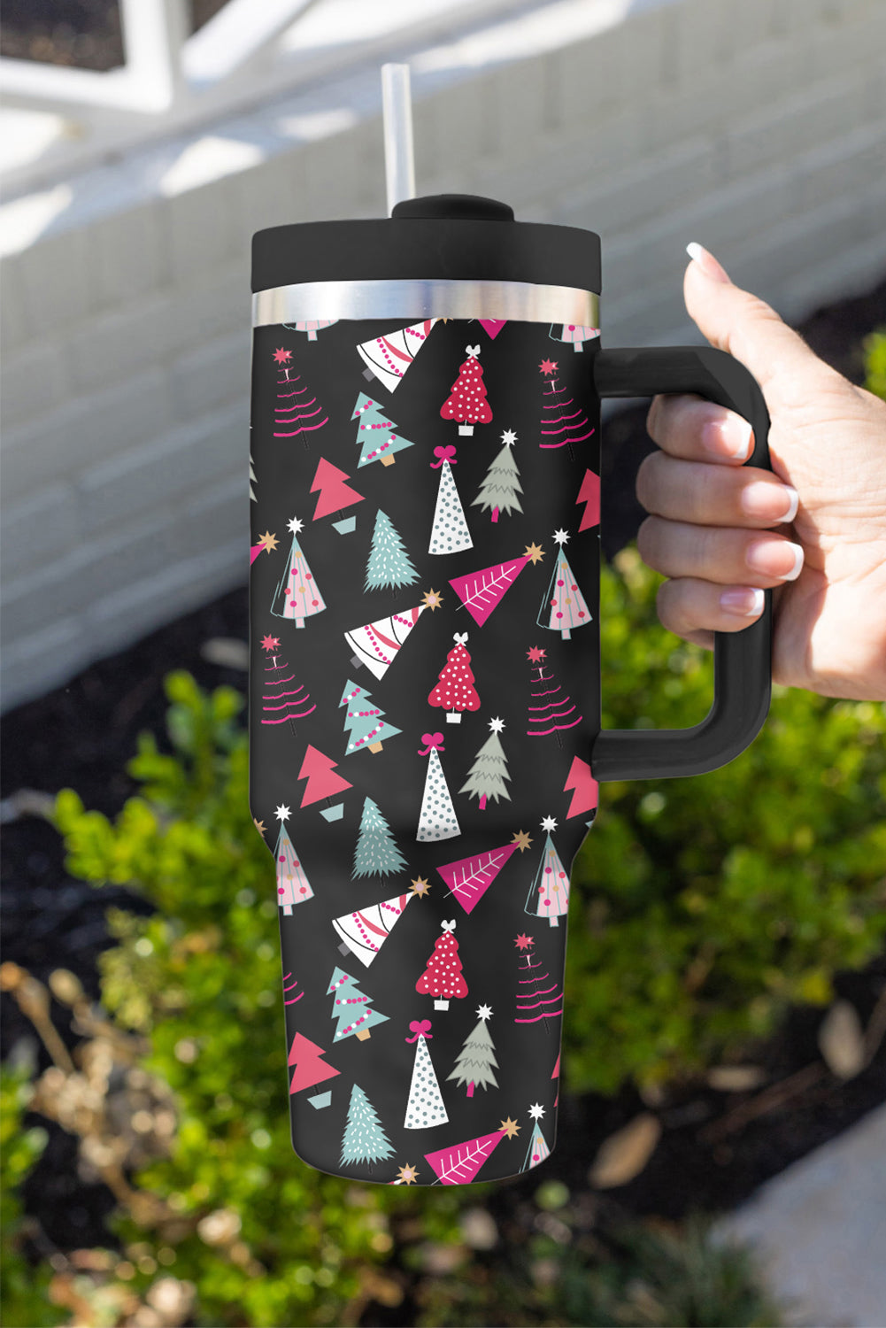 Rose Red Cartoon Christmas Tree Printed Thermos Cup