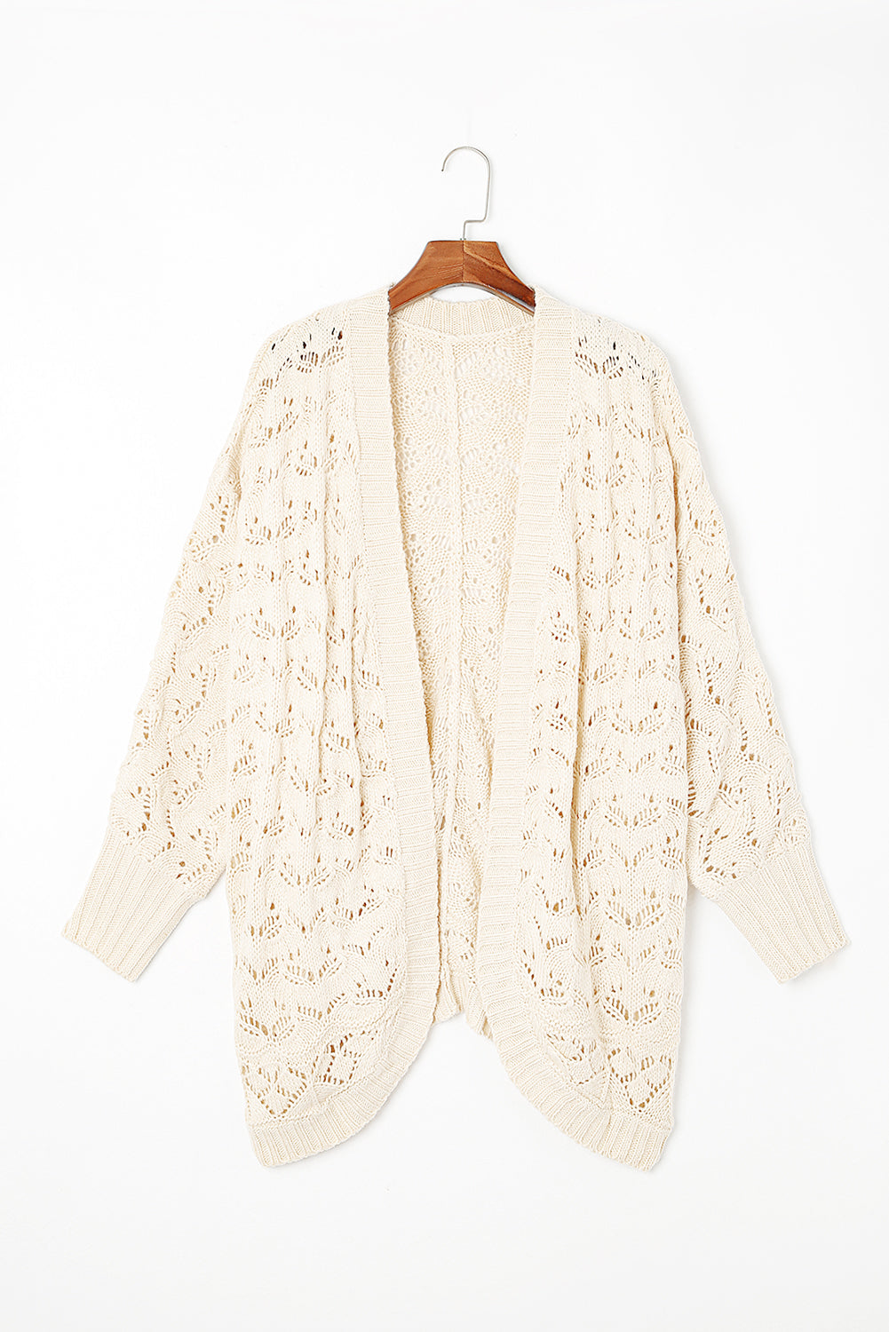 Beige Plus Size Hollowed Open Front Ribbed Trim Cardigan