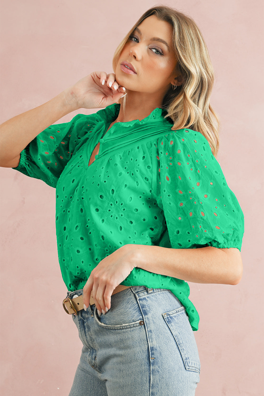 Bonbon Hollow-out Flower Embroidered Short Puff Sleeve Blouse