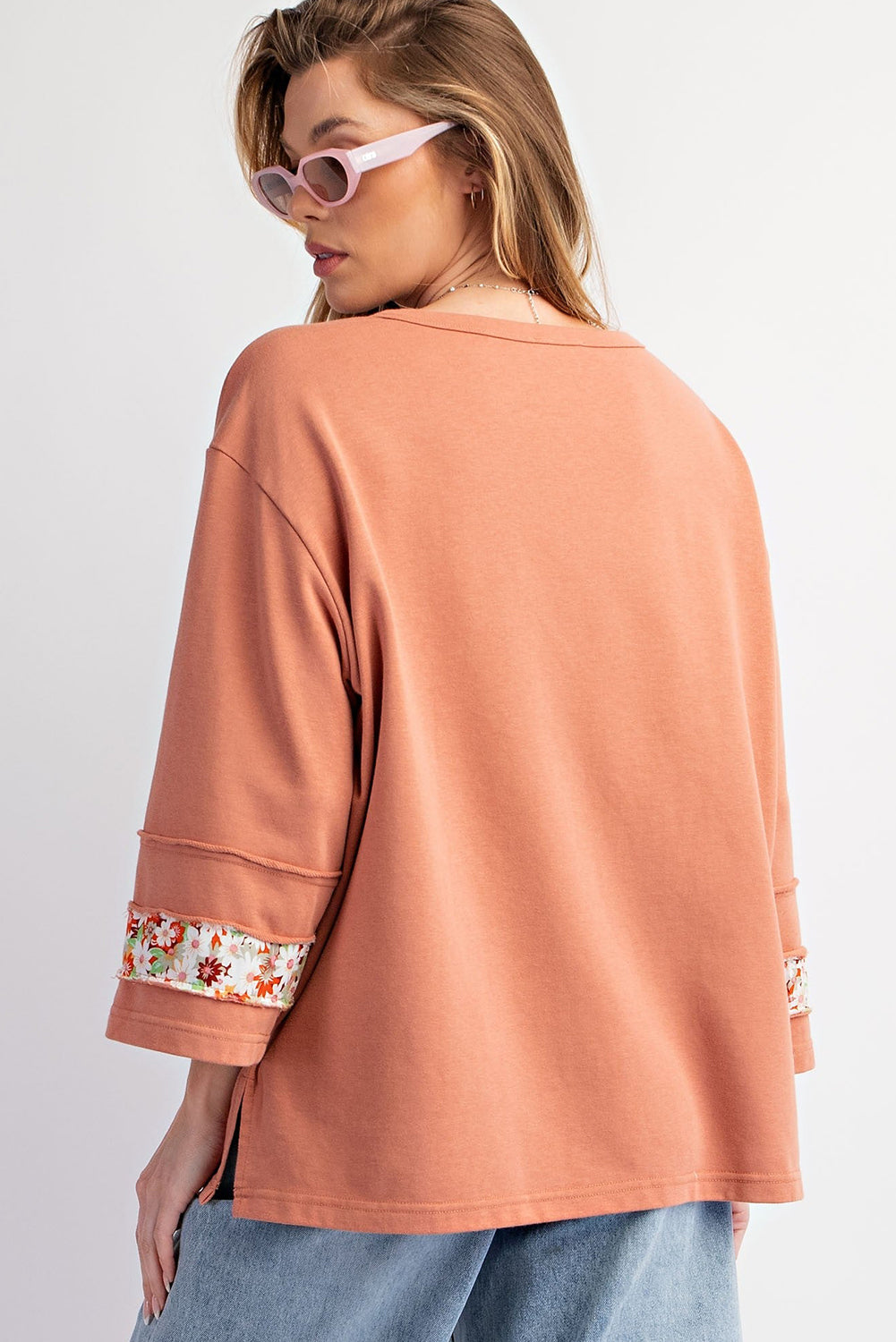 Grapefruit Orange Flower Exposed Seam Patchwork Loose Top