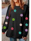 Black Flower Chenille Glitter Embroidered Ribbed Sweatshirt