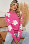 Bright Pink Daisy Ribbed Hem Sweater