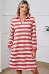 Pink Stripe Pocketed Collared V Neck Loose Fit Mini Dress