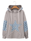 Beau Blue Floral Patchwork Star Pattern Drawstring Hoodie