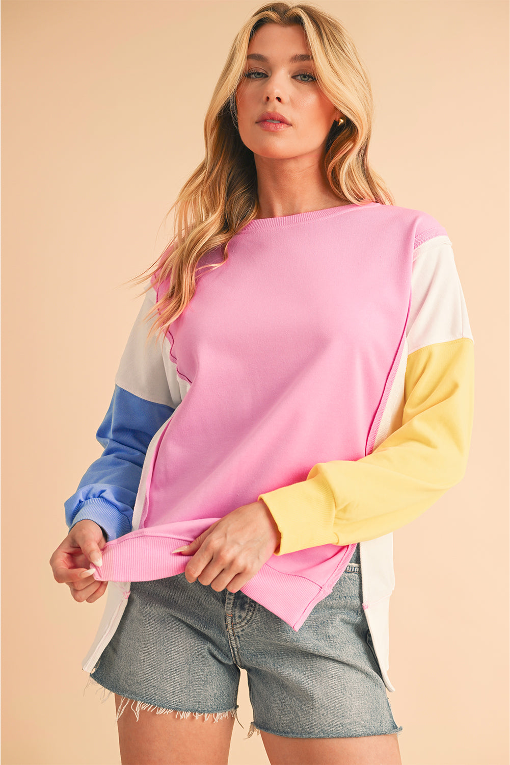 Bonbon Color Block Exposed Seam Patchwork Side Slits Sweatshirt