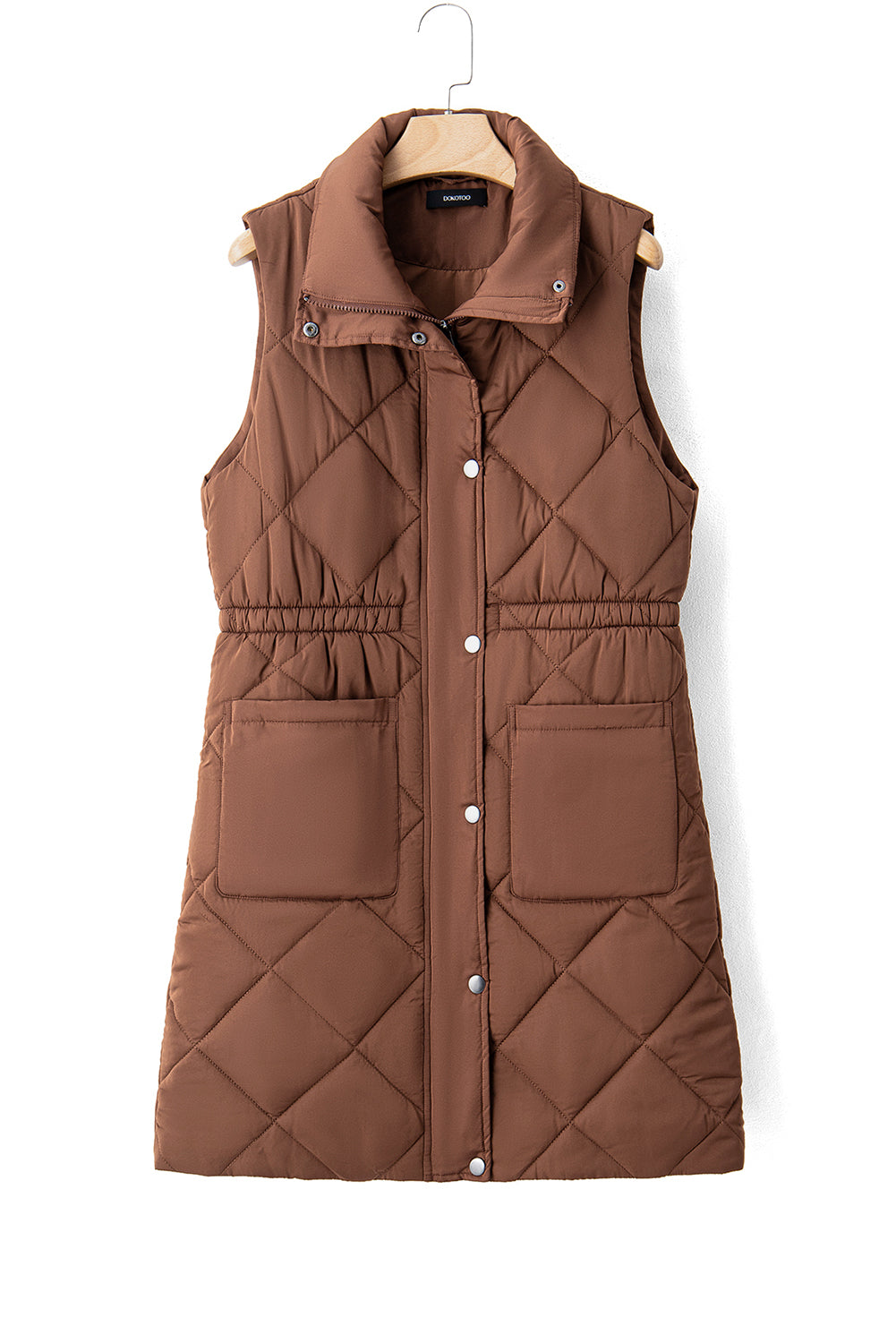 Coffee Puffer Quilted Stand Collar Pocketed Vest Coat