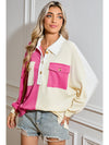 Rose Red Colorblock Patchwork Ribbed Oversized Henley Sweatshirt