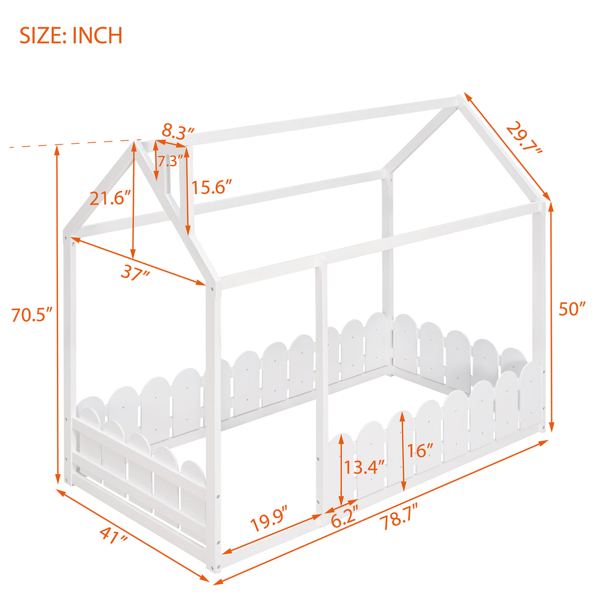 Cocoa Yacht Club Twin Size Wood Bed House Bed Frame with Fence  (White)